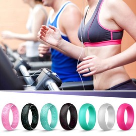 Longbeauty 10 Pack Candy Color Wedding Band for Men Women Flexible Comfort Sport Silicone Ring Black Red Blue Yellow Pink White Green Purple (Glitter: 10pack, 9)