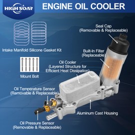 High Soar 926-959 Aluminum Oil Filter, 3.6L Housing Kit Engine Oil Cooler Adapter Assembly for 2011-2017 Chrysler Challenger Jeep Ram 1500 with Oil Cooler Sensors & Gaskets