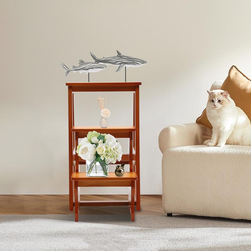 LIAPDG Folding Library Ladder Chair, Wood Folding Library Ladder Chair