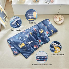 Cotton Toddler Nap Mat Dinosaur,Roll Up Slumber Bags for Boys,Toddler Nap Mat with Removable Pillow, Kids Sleeping Mat for Daycare and Preschool Kindergarten-Navy Blue ﻿