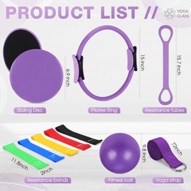 Arrowbash Set of 6 Style Pilates Home Equipment Set Pilates Essential Kit Workout Accessories 14 Magic Circle Mini Exercise Ball Yoga Strap Silicone Tension Strip Tension Band Sliding Plate(Purple)