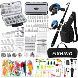 DoubleFill 484 Pcs Fishing Rod and Reel Combo Set Fishing Tools Kit Fishing Tackle Box with Tackle Included Fish Hook Remover Tools Kit Fishing Backpack Fishing Lures for Men Fishing Gear Gifts