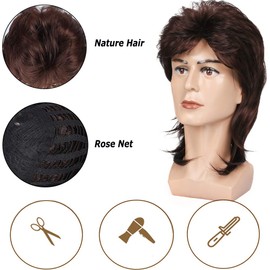 Kaneles Mullet Wigs for Men 70s 80s Costumes Mens Brown Fancy Party Accessory Cosplay Hair Wig