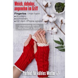 MERSADA Gloves without fingers hand warmers mittens women's fingerless gloves with lace, red