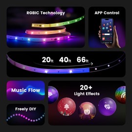YEELIGHT LED Strip Lights, 66FT Smart Light Strips with 360 LEDs & Music Sync, RGB Color Changing Light with Bluetooth Connected and APP Control, Lights for Bedroom, Home Room Decor, Party, 2x33FT