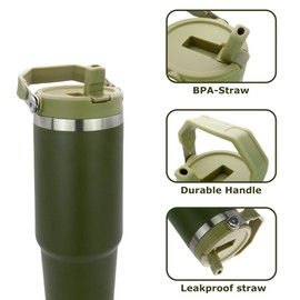 Obiatar - Vaso de 30 onzas con asa, vaso aislado con tapa y popote, botella de agua al aspiradora de acero inoxidable, taza de viaje, mantiene la bebida fría y caliente (oliva)