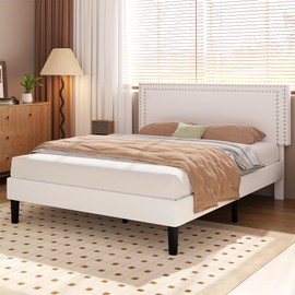 VECELO Queen Size Bed Frame with Height Adjustable Upholstered Headboard, Modern Platform Mattress Foundation, Strong Wood Slat Support, No Box Spring Needed, Easy Assembly