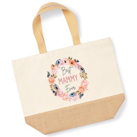 Lovely Mothers Day Shopper Bag - Best Mammy Ever Flower Wreath - Jute Canvas X-Large Tote Bag - Mothers Day Mum Mom Mummy XL natural