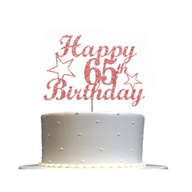 Decoración para tarta de 65 cumpleaños de oro rosa con purpurina, ideal para decoración de 65 fiestas, decoración de alta calidad, resistente purpurina de doble cara, barra de acrílico. Fabricado en Estados Unidos