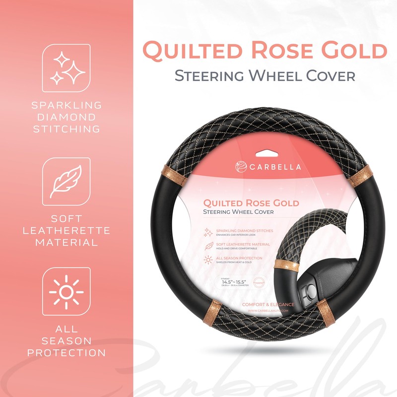 Carbella Rose Gold Quilted Steering Wheel Cover - Elegant Craft