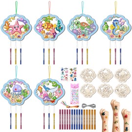 Nourdom 12 Sea Animal Wind Chimes Craft Set Children's Wooden Wind Chime Craft Craft Painting Ocean Wind Chime Creative Sets Underwater World Party Bags for Girls Boys Summer