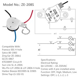 Zing Ear ZE-208S E89885 3-Speed 4-Wire Pull Chain Ceiling Fan Switch - Speed Control for Fans, Wall Lamps, Cabinet Light - Nickel 3PCS
