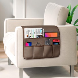 WETRBWEH TV Remote Control Holder Couch Caddy, Non-slip Bedside Caddy Organizer with 5 Pockets for Key Glasses Phone Magazine Holders (Brown, 35''x18'')