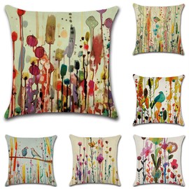 JUMUU Set of 6 Cotton-Linen Bird Throw Pillow Covers Cute Cartoon Flowers Pattern Accent Handmade 18x18 Inch Square Cushion Cover Pillowcase for Sofa Couch Bed (Watercolor Flower Bird, 45 x 45cm)