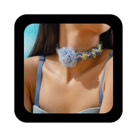 Enautoabs Vintage Flower Choker Necklace Ribbon Flower Collar Necklace Blue Big Flower Necklace Satin Floral Necklace Exaggerated Flower Necklace Cosplay Party Jewelry for Women