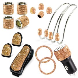 ToBeQueen 15 Pack Champagne Gold Bling Car Accessories Set for Women Girl,Bling Head Rest Rings,Bling Car Charger,Bling Hooks for Hanging,Bling Tire Caps,Glasses Holder,Push to Start Ring,Champagne
