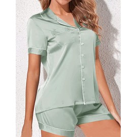 WJing Yi Jia Womens Pajama Sets XS-4XL Silk Satin Pajamas Set Floral 2Pcs Pj Sets Button Down Pjs Set Sleepwear Loungewear, Sage-a, 4X-Large