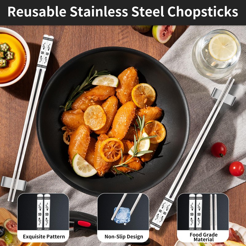 2 Pairs Metal Chopsticks, Stainless Steel Chopsticks Comes with Two