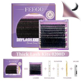 FEEGO 200D Lashes Extension Kit Thick Eyelash Extension Kit 10-20mm Fluffy Lash Clusters Individual Eyelashes Kit with Lash Bond and Seal - Specification: 200D New KIT