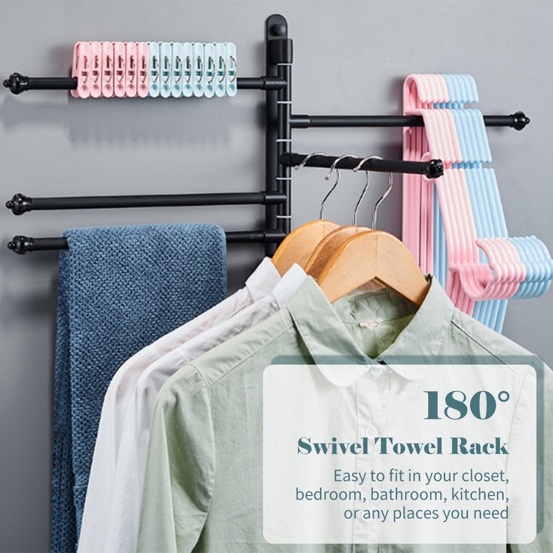 Swivel Out Towel Racks with Hooks 2-Bars Foldable Arms Bath