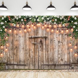 Riyidecor Rustic Backdrop Polyester Fabric Barn Door Photography Backgrounds 7Wx5H Feet Western Wood Plank Green Grass Leaves Flower Rose Light Photography Background Wedding Photo Studio Shoot