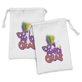 Ambesonne Mardi Gras Fabric Pouch Set of 2, Traditional Holiday Theme Colorful Fluffy Feathers Crown, Small Drawstring Bag for Toiletries Masks and Favors, 9" x 6", Purple Hot Pink Green