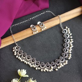 Efulgenz Indian Oxidized Jewelry Antique Boho Oxidized Indian Jewelry Necklace Sets Floral Choker Black Crystal Necklace Set Faux Pearl Drop Dangle Earrings Bohemian Statement Jewelry Set for Women,