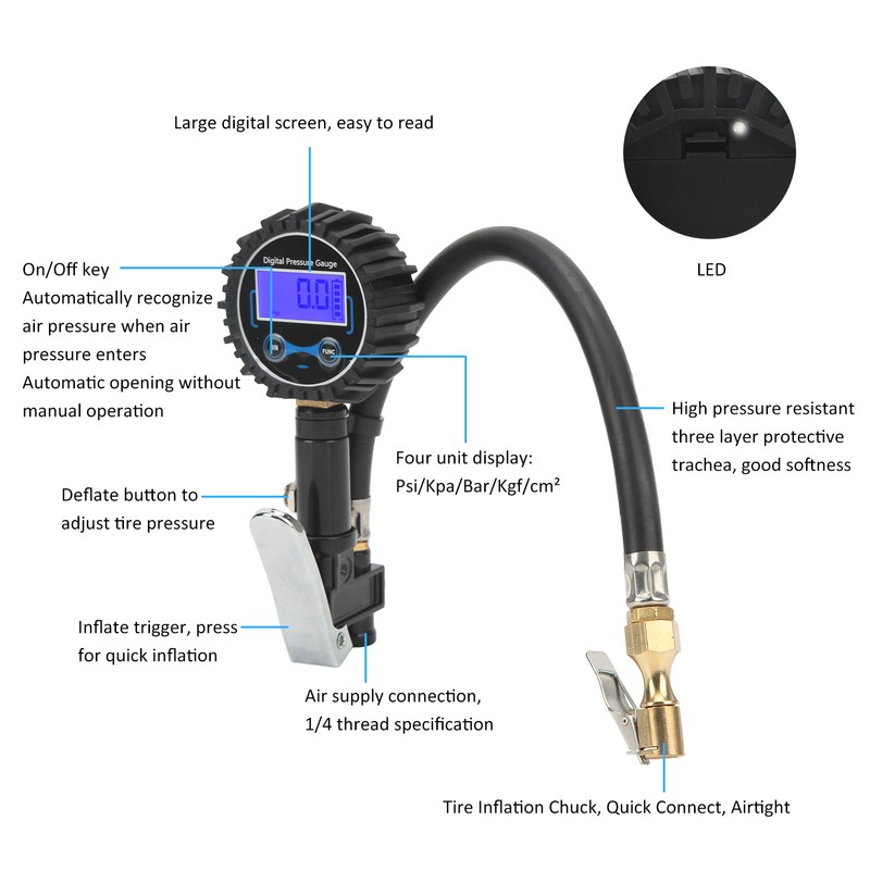 0‑200PSI Tire Inflator with Tire Pressure Gauge LCD Digital Display