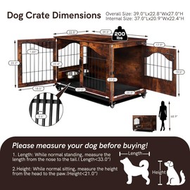 Snowtaros Dog Crate Furniture with 360° Rotatable Hidden Bowls, Heavy Duty Wooden Dog Kennel with Double Doors, Dog Cage End Table Indoor with Removable Tray Swiveling Wheels for Small Medium Dogs