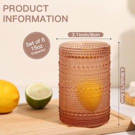 JOVGANK Venus Vintage Hobnail Drinking Glasses Set of 6, Embossed Water Tumbler 15oz, Kitchen & Bar Beaded Highball Glasses, Beverage Glass Cups for Water, Beer, Juice, Cocktail Glassware, Venus