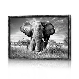 HILL WEST Wild Animal Portrait Picture Prints - Black White African Elephant Wooden Wall Art Rustic Wildlife Painting Artwork for Living Room