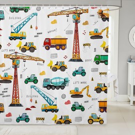 Kid Excavator Shower Curtain, Tractor Machinery Trucks Shower Curtain, Construction Vehicle Bathroom Curtains For Boys, Bulldozer Crane Bath Curtain Equipment Truck Bath Curtain, 72" W x 72" L