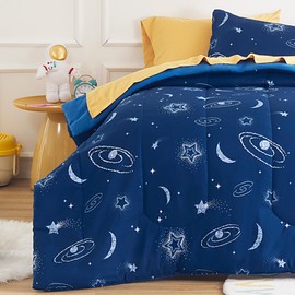 Sonive BIAB Twin Kids Bedding Set 5 Pcs Reversible Comforter Set Children Bed in a Bag Sheets Set with Comforter, Sheets, Pillowcase & Sham, Galaxy Star Moon for Boys Girls Teens, Microcosm