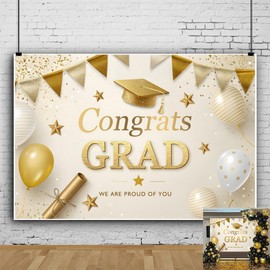 12x8ft Gold Graduation Backdrop Class of 2025 Glitter Balloons Bachelor Cap Congrats Grad Backdrops for Photoshoot Congratulations Grad Graduations Party Decorations Photography Background