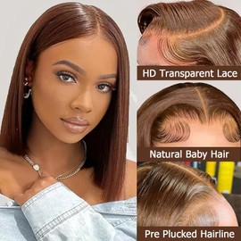 FJsuprise 14 Inch Chocolate Brown Bob Wig Lace Front Wig Human Hair Wear and Go Glueless 13x4 Lace Frontal Bob Wigs Pre Plucked 180% Density Straight Bob Wigs for Women Natural Hairline #4 Color