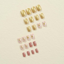 YIHONGYAN 24Pcs Christmas Press on Nails Short Square Fake Nails Gold Glitter False Nails Press On Christmas Tree Bell Design Nail Tips Stick on Nails Acrylic Manicure Nail for Women Christmas Decor