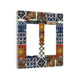 Mystic Aesthetic Blue/Red Boho Sun Moon Tile 2 Gang Double Decorator GFCI/Rocker Wall Plate Mexican Talavera Bohemian Tiles Electrical Outlet Decorative Receptacle Cover Light Switch for Dimmer, USB