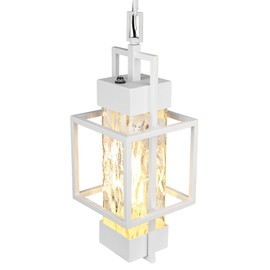 PARTPHONER 15" Dusk to Dawn Outdoor Pendant Light Exterior Hanging Lantern, Modern Metal Outside Chandelier Light Fixture Ceiling Mount with Water Glass for Front Porch Entrance Foyer Entryway,White