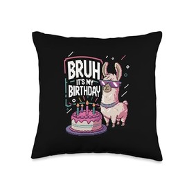 Bruh Its My Birthday Llama Pixel Art Sunglasses Retro Humor Throw Pillow