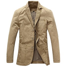 chouyatou Men's Casual Three-Button Stripe Lined Cotton Twill Suit Jacket (Medium, Khaki)