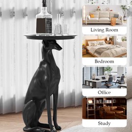 OLizee® Resin Dog Sculpture with Serving Tray 3D Dog Statue Ornament Standing Dog Tray Figurine Black Dog Statue for Home Decoration