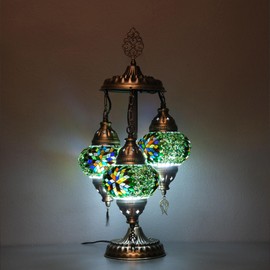 Asylove Turkish Lamp, 3 Globe Turkish Mosaic Table Lamp, Living Room and Office Decoration Lighting 5 inc Globe Total Dimesions 12 x 12 x 24 inch (Green Mix)