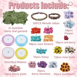 INFUNLY 20 Set DIY Artificial Flower Wreath Paper Roses Blue Pink Wedding Crowns Making Kit Colorful Hanging Floral Wreath for Front Door Make Your Own Flower Headbands Bracelets Kit for Women Girl