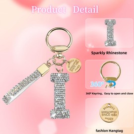 White Rhinestone Initial Letter keychain for women cute bling car accessories (I-White)