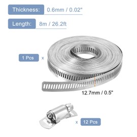 uxcell 304 Stainless Steel Hose Clamps, Cut-To-Fit 26.2 ft Metal Strap + 12 Stronger Fasteners Kit, Adjustable Worm Gear Band Hose Clamps for DIY Intercooler Pipe Plumbing Tube Fuel Line
