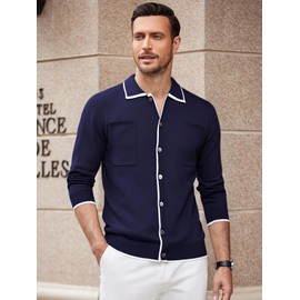 Alex Vando Mens Retro Cardigan Shirts Long Sleeve Two Pockets Knit Casual Button Down Shirts for Men,Royal,L
