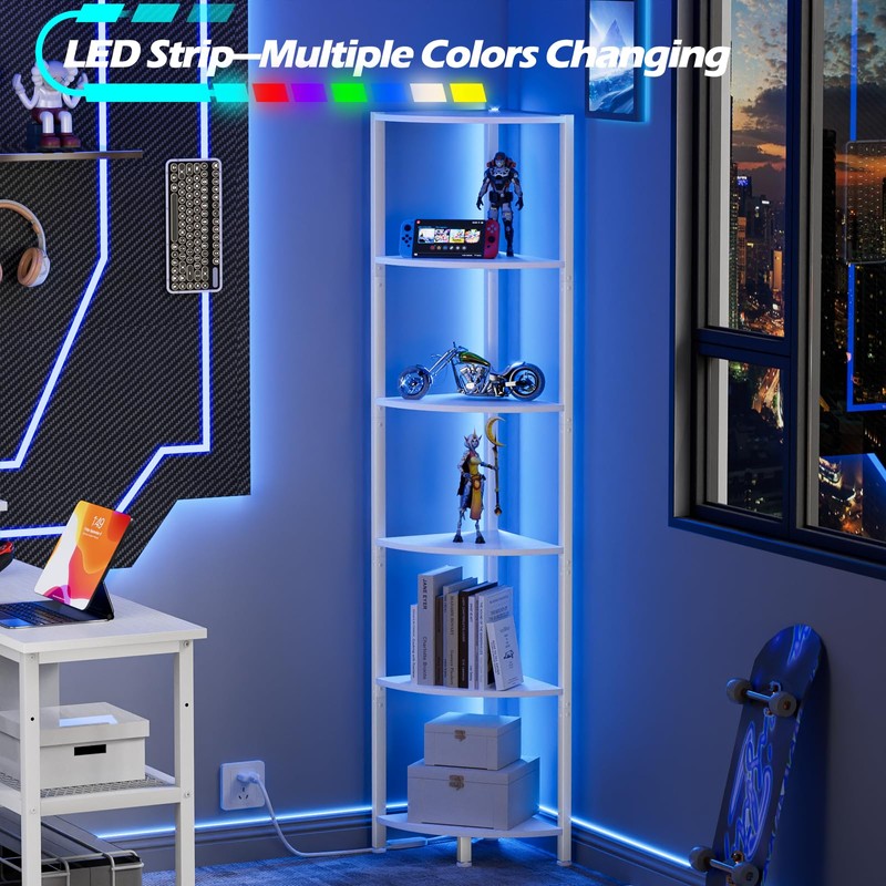 Furnulem 6 Tier Corner Shelf with LED Light, 67.5” Tall