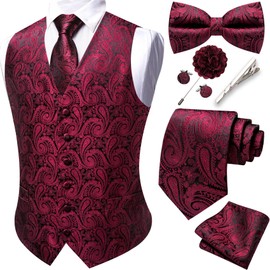 YOHOWA Formal Men Burgundy Vest V-Neck Suit Vests Tie Bowtie Set Paisley Jacquard Waistcoat Clip Hanky Cufflinks Lapel Pin Wedding 8PCS
