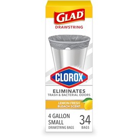 Bolsas de basura con cordón pequeño Glad con Clorox™, bolsas de basura grises de 4 galones, aroma a lejía fresco a limón, 34 unidades