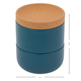 Ceramic and Cork 3 Piece Stackable Salt and Pepper Cellar For Countertop Space Saving, Easy Lift Lid to Retain Freshness, Natural Cork and Teal Ceramic